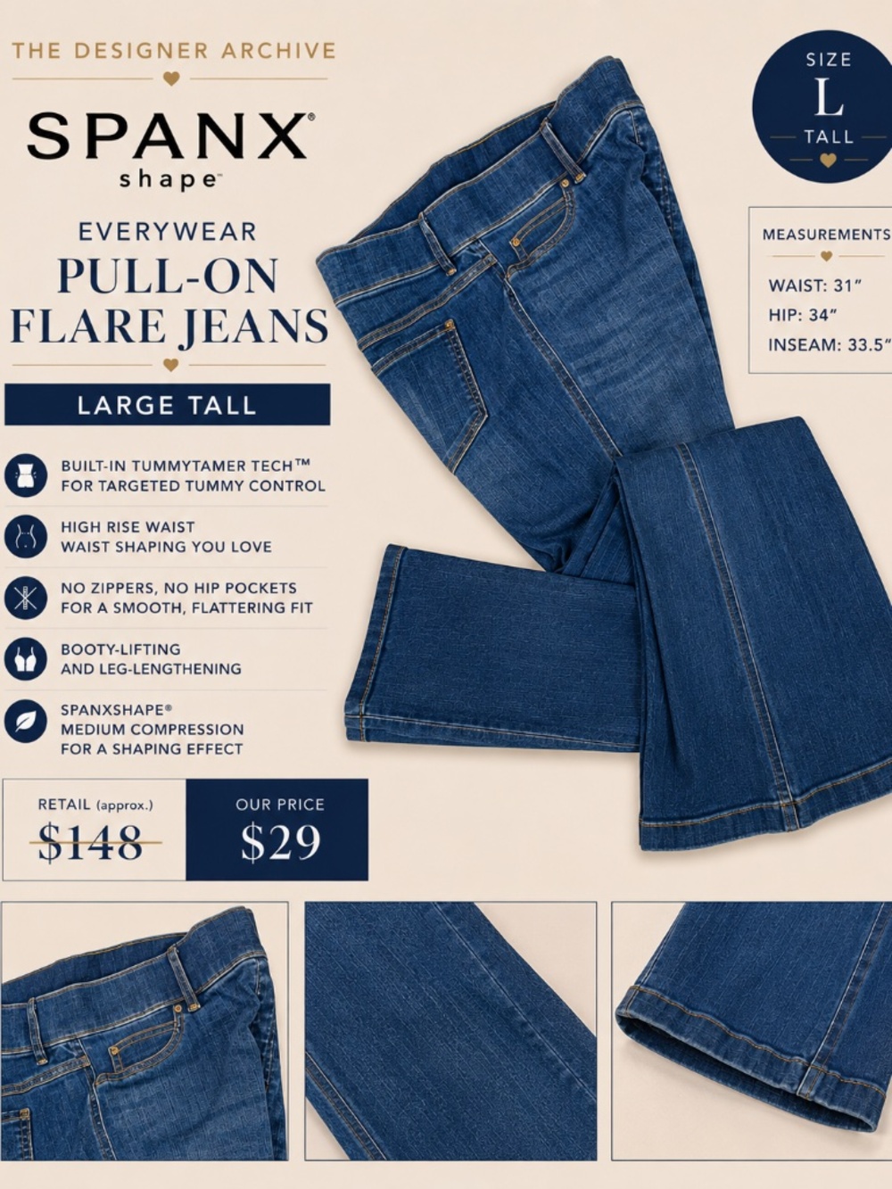 SPANX Pull-On Flare Jeans Large Tall High Rise Blue Denim